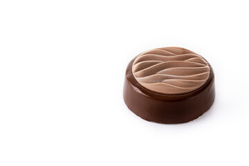 Creamy chocolate cake isolated on white background. Copy space