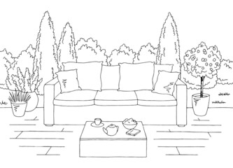 Backyard garden graphic black white sketch illustration vector 