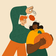 Illustration for happy thanksgiving with people. Doodle style, cartoon, Flat, outline, contour. Pumpkins and people. Man and woman. 