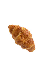 Two fresh juicy croissants with cheese, jam, cream on puff pastry without filling with crumbs on a white background close macro