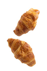 Two fresh juicy croissants with cheese, jam, cream on puff pastry without filling with crumbs on a white background close macro