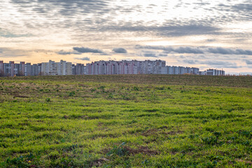 Fototapeta na wymiar Green field and sunny evening sky with clouds, background of concrete multi-storey houses