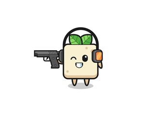 illustration of tofu cartoon doing shooting range