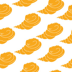 seamless pattern of silhouettes of molluscs with a spiral shell, orange seashells on a white background