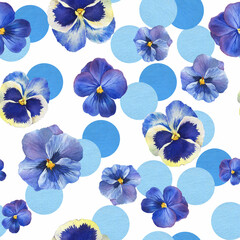 Abstract seamless pattern with pansy flower (Viola tricolor, viola arvensis, heart's-ease) and blue circles, polka dot. Hand drawn painting, watercolor modern geometric background round shape texture 