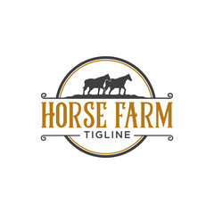 Silhouette of two horses vintage logo design Ranch in western countryside