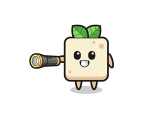 tofu mascot holding flashlight