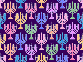 Hanukkah seamless pattern with menorah with nine candle. Jewish festival background for brochures, banners and wrapping paper. Vector illustration