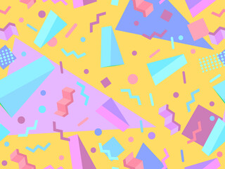 3d geometric seamless pattern in 80s memphis style. Isometric geometric shapes in different colors. Design for wrapping paper, promotional materials and fabrics. Vector illustration