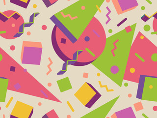 3d geometric seamless pattern in 80s memphis style. Isometric geometric shapes in different colors. Design for wrapping paper, promotional materials and fabrics. Vector illustration