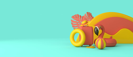 Summer holiday tropical background with suitcase and flamingo. 3D Rendering