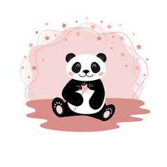 Cute panda with magik wand on the peach clouds with stars backbackground. Vector illustration in flat stile.
