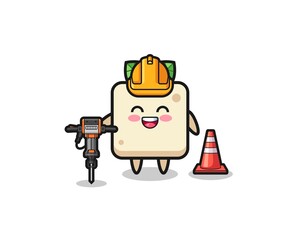 Fototapeta premium road worker mascot of tofu holding drill machine