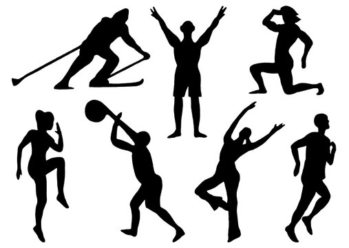 Set of athletes. Isolated silhouettes of basketball player, skier, gymnastics, runner. Hand drawn. Template. Illustration.	