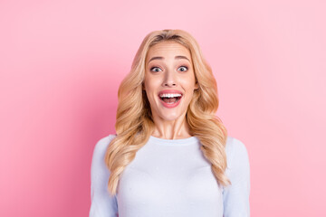 Photo of amazed cheerful young happy lady good mood reaction sale isolated on pastel pink color background