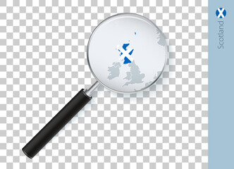 Scotland map with flag in magnifying glass on transparent background.