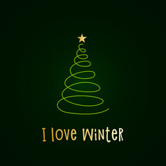Green silhouette of a Christmas tree with snow and golden stars. Merry Christmas and Happy New Year 2022. Vector illustration. I love winter.