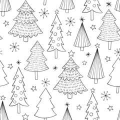 Doodle Christmas Tree with stars in black and white. Holiday seamless vector pattern hand-drawn outlines.