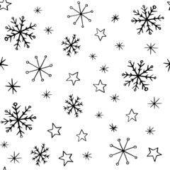 Christmas doodle stars and snowflakes in black and white. Winter seamless vector pattern, holiday outline.