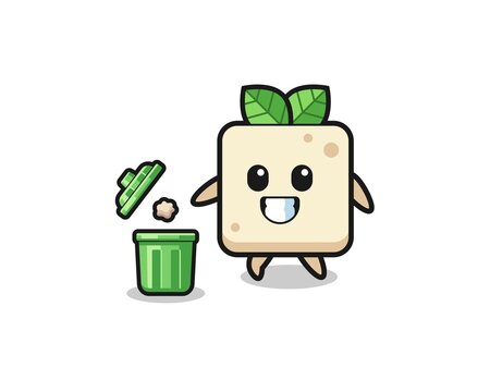 illustration of the tofu throwing garbage in the trash can