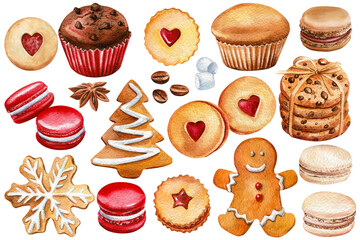 Set Christmas cookies, cupcake, macaroon, marshmallow, sweets watercolor painting on a white background
