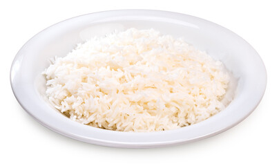 Rice in white plate isolated on white background, Cooked rice in white plate on white background With clipping path.