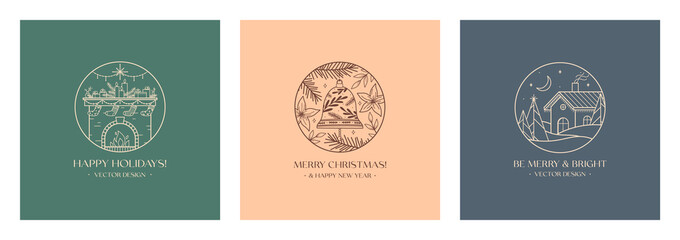 Xmas linear emblems with decorated fireplace,bell,winter forest landscape and house.Vector Christmas and New Year festive logos with traditional winter holiday symbols.Holiday celebration concept.