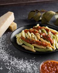3 colors pasta recipe with tomato sauce and cheese