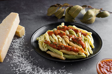 3 colors pasta recipe with tomato sauce and cheese