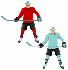A hockey player in a sports uniform, a hockey helmet and on skates stands and holds a stick in his hands