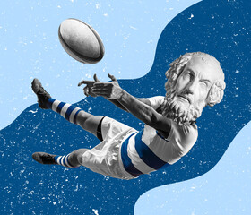 Contemporary art collage. Inspiration, idea, trendy magazine style. Male rugby player headed of ancient statue head on light background.