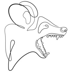 Dog barks. Angry dog, coyote in linear style vector illustration. Continuous one line drawing of coyote, dog silhouette isolated on white background. Dog, coyote for background, logo or tattoo.