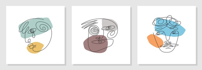 Line art abstract faces. Different emotions and facial expressions. Contemporary minimal style graphics. Vector design