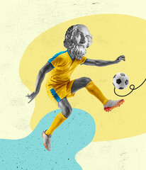 Contemporary art collage. Inspiration, idea, trendy magazine style. Male football player headed of ancient statue head on light background.