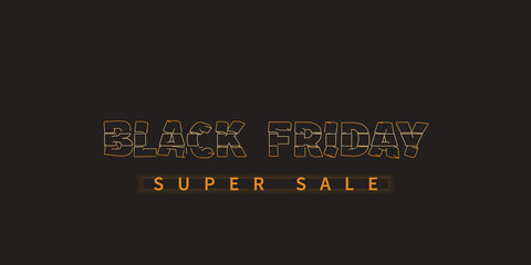 Abstract background with Black Friday and super sale. Golden lines text design on black . For banner, poster, template header for website. Vector illustration