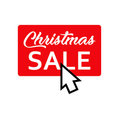 Regalos de Navidad. Banner con frase Christmas Sale manuscrito en cuadrado con flecha como cursor en color rojo