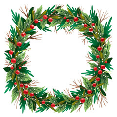 illustration a beautiful Christmas wreath lots of leaves and red berries