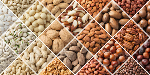 assorted nuts and seeds collage. mix food background: pecan, hazelnut, walnut, pistachio, almond,...