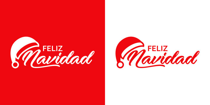 Banner con frase Feliz Navidad en español manuscrito con sombrero de Papá Noel en fondo rojo y fondo blanco