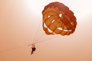 Parachute parasailing of tourists on a sandy beach Sunny weather against the background of clear...