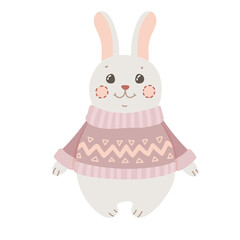 Cute white rabbit in a pink sweater. Animal in cartoon style in pastel colors. Winter vector illustration isolated on white background.