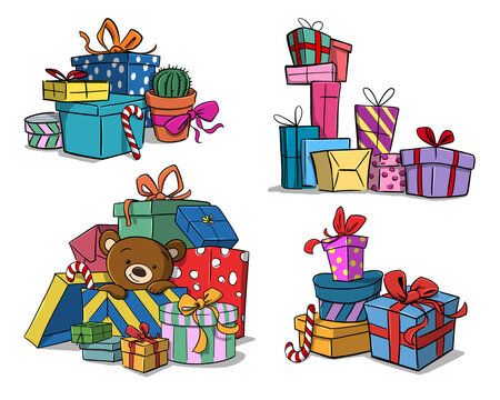 Viele, bunte Geschenke mit Schleifen. Weihnachten, Geburtstag Konzept.