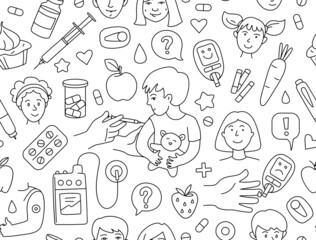 Diabetic patient Diabetes in children Parents injecting boy, insulin kit