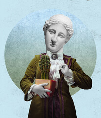 Model like medieval royalty person in vintage clothing. Concept of comparison of eras, artwork, renaissance, baroque style. Creative collage. Surrealism