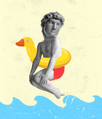 Composition with young man in swimming shorts headed of ancient statue head jumping into sea. Art collage