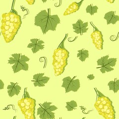 Bunches of grapes. Branches with berries on a dense bush. Young vineyard. Sweet autumn harvest. Seamless pattern. Vector.