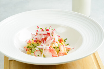 okroshka with crab in the restaurant