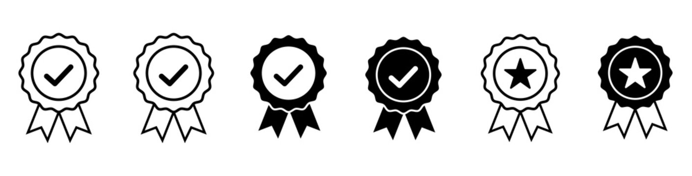 Approved or certified medal icon. Certified badge. Set approval check icon isolated, approved or verified medal icon.
