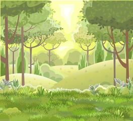 Meadow. Amusing beautiful forest landscape. Cartoon style.Green Grass hills. glade. Cool romantic pretty. Flat design illustration. Vector art