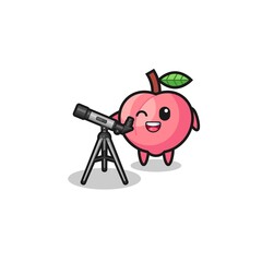 peach astronomer mascot with a modern telescope